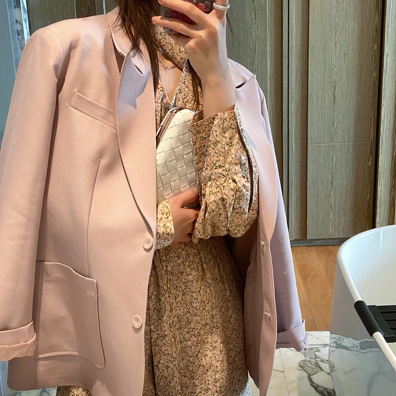 

FORYUNSHES Pink Blazer 2021 Spring Autumn Women Vintage Black Side Slit Button Jacket Korean Style Fashion Loose Coat Office