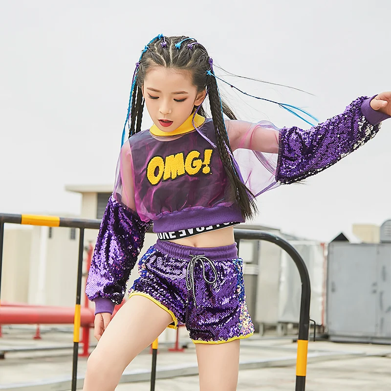 Purple 3PCS Костюм для джазовых танцев для девочек детский танцевальный костюм с пайетками в стиле хип-хоп Детские платья для танцев, уличных танцев, выступлений на сцене DQL324 - Цвет: Purple 3PCS