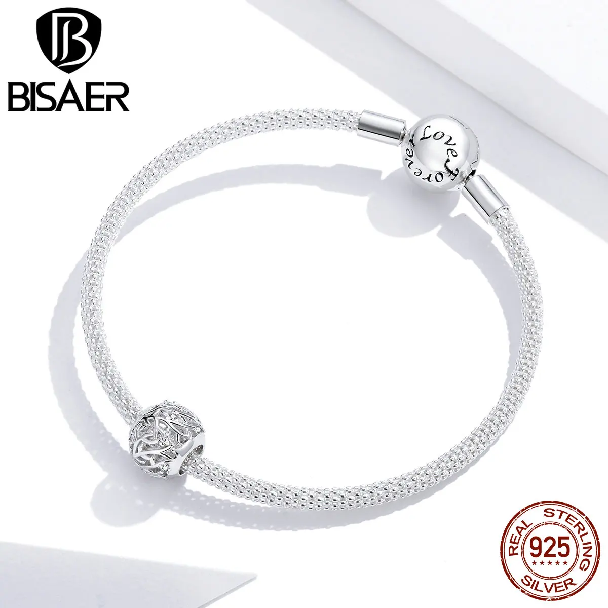 

BISAER Beads 925 Sterling Silver Round Charms Vintage Vine Openwork Zircon Fit DIY Bracelet Pendant For Women Necklace HVC256