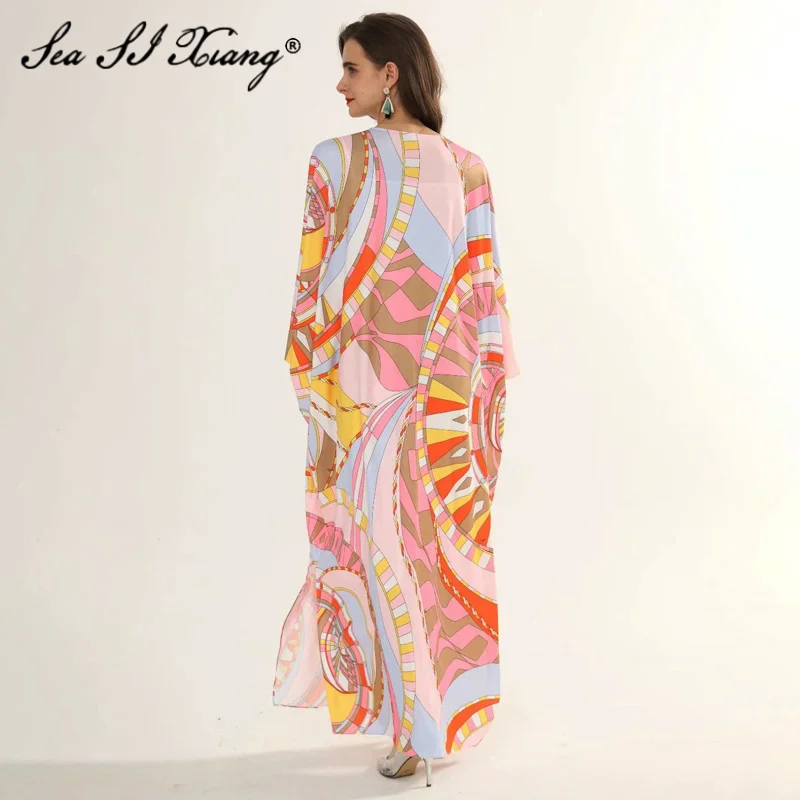 

Seasixiang Fashion Designer Spring Dress Women's O-Neck Batwing Sleeve Beading Geometry print Loose Floor-Length Dresses