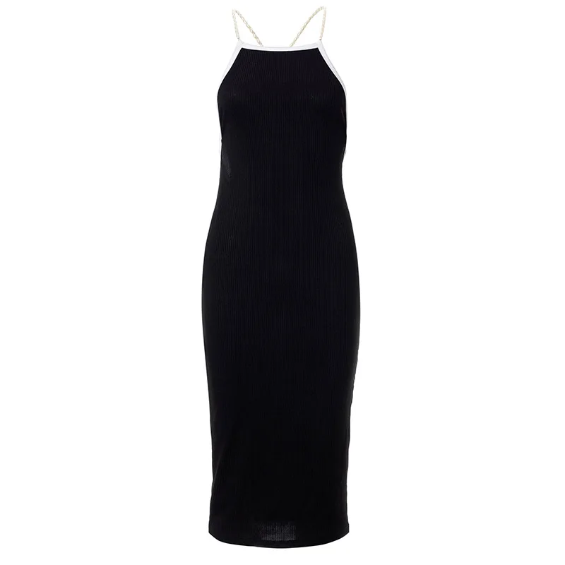 

FAKUNTN Women's Sexy Sleeveless Backless Long Dress Summer Holiday Beach Party Casual Elegant Pearl Strap Black Dress Vestidos