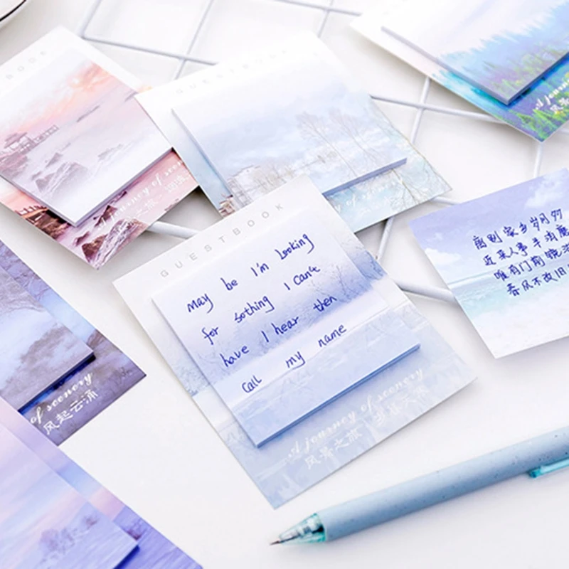 

4Pcs Creative Scenery Memo Pad Sticky Notes Writing Pads Labels Mark Stickers C90C