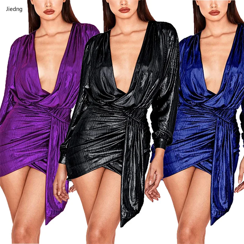 

Осеннее женское сексуальное платье, модное облегающее платье для новечерние, однотонное платье с глубоким V-образным вырезом, платье с брон...