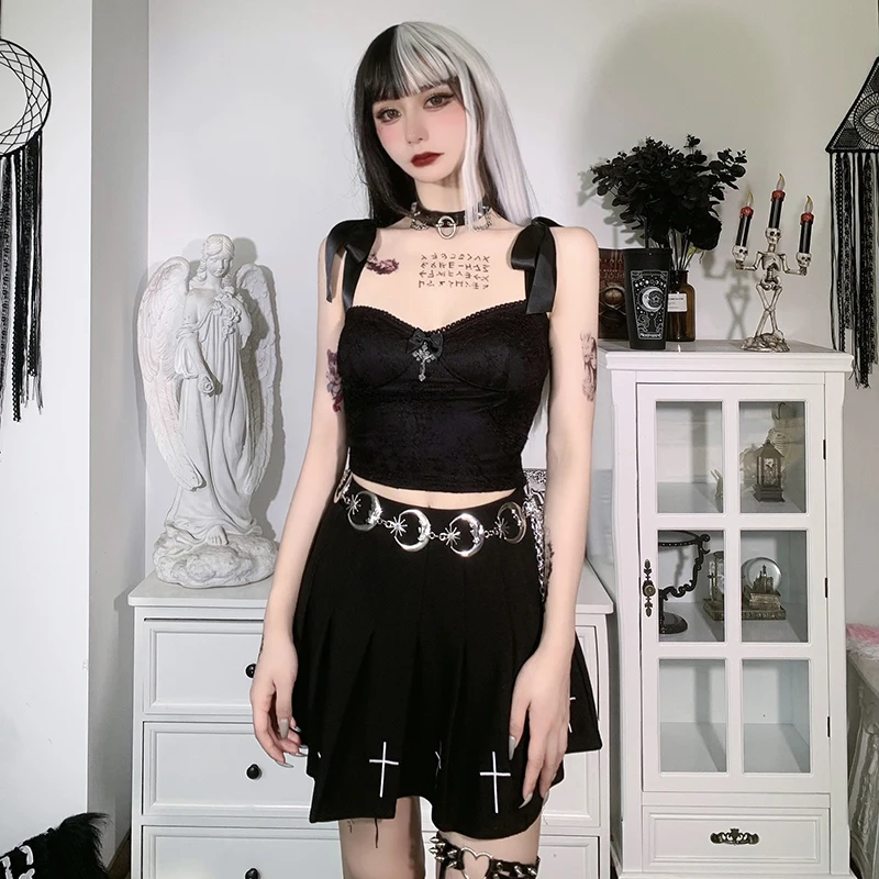 

Gothic Crop Top Summer Clothes for Women Vintage Sexy Lace Tanks Tops 2021 Bowknot Bandage Black Tank Tops Female Cami