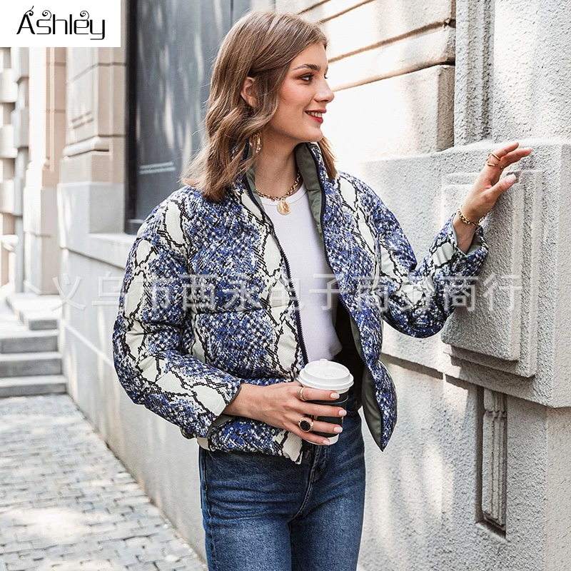 

Ashley Casual Animal pattern women parka Long sleeve zippers outwear female warm padded coat Streetwear ladies parkas jacket