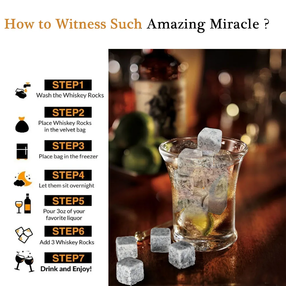 9pcs Whiskey Stone Ice Stones Drinks Cooler Cubes Beer Rocks Granite with Pouch Tong For Bar Summer Cool Tool | Дом и сад