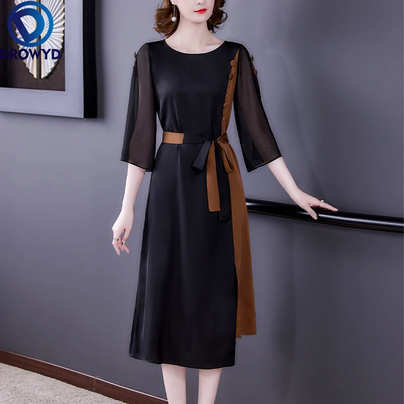 

Women Beach Boho Long Dress Summer 2021 New Office Lady Sexy Patchwork Silk Solid Short Sleeve O-Neck Belt Black Dresses Traf