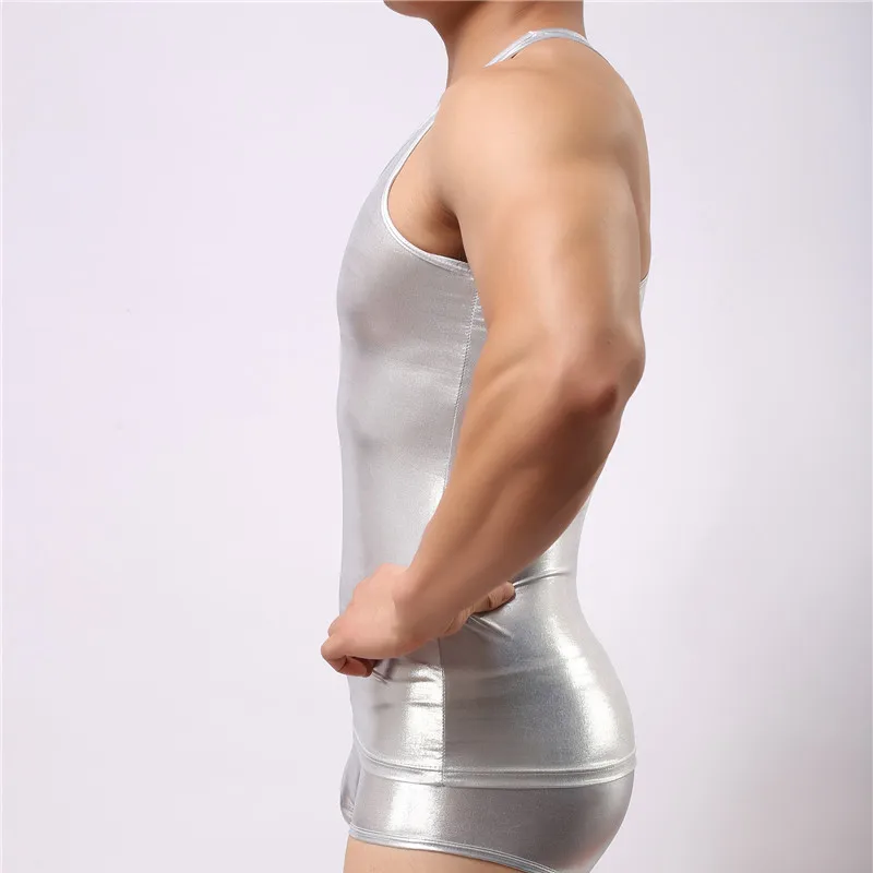 Punk Style Men's Shiny Undershirt Tops Club Wear O Neck Fancy Pullover Slim Fitting PVC Leather T Shirt Cool Men Undershirt