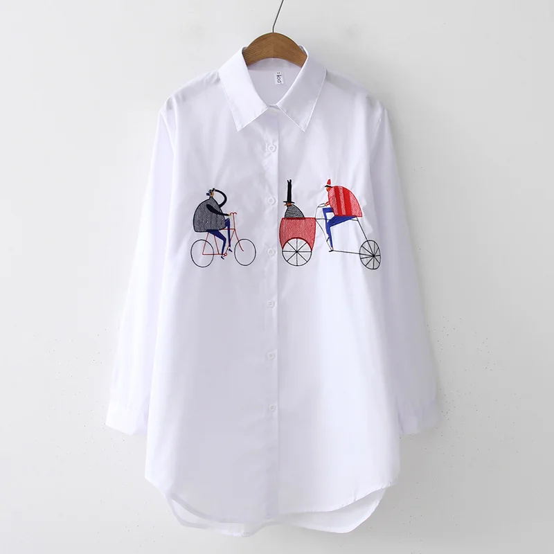 New White Shirt Casual Button Up Turn Down Collar Female Blouse Long Sleeve Cotton Blouse Embroidery Blouse Lady 5083 50 - Цвет: White-Trolley