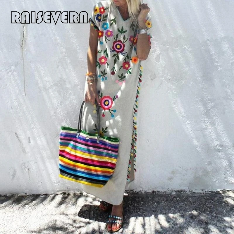 Свободное длинное женское пляжное бохо платье с цветочным принтом коротким