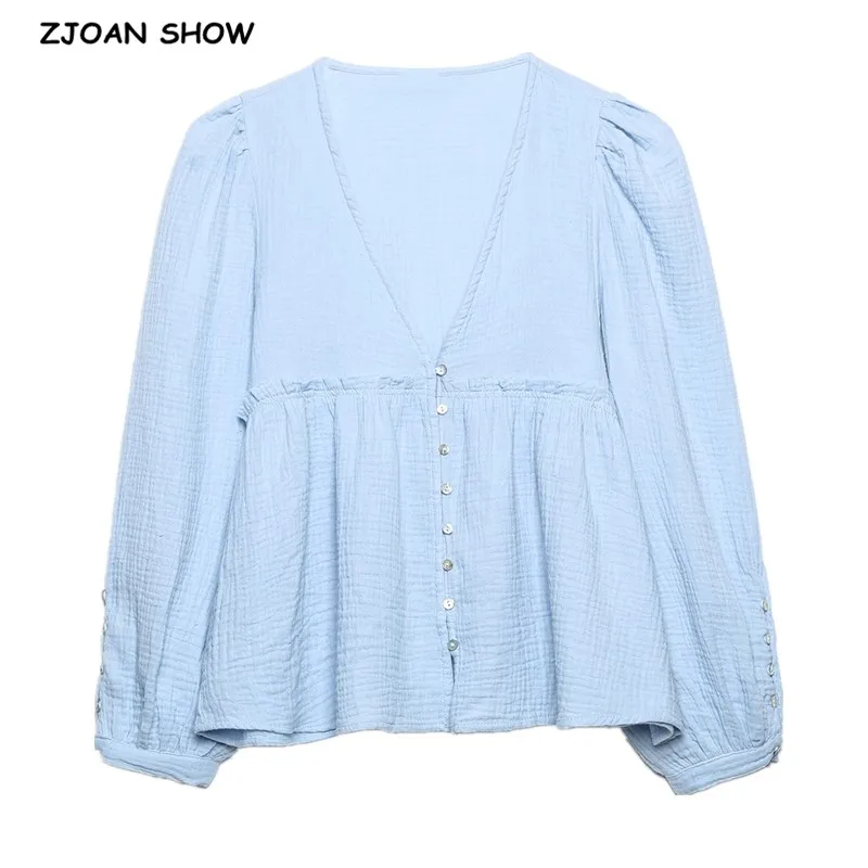 

2021 Chic Wood ears Ruffles Spliced Loose Cotton linen Shirt Retro Women V neck Center Buttons Puff Sleeve Blouse Tops Autumn