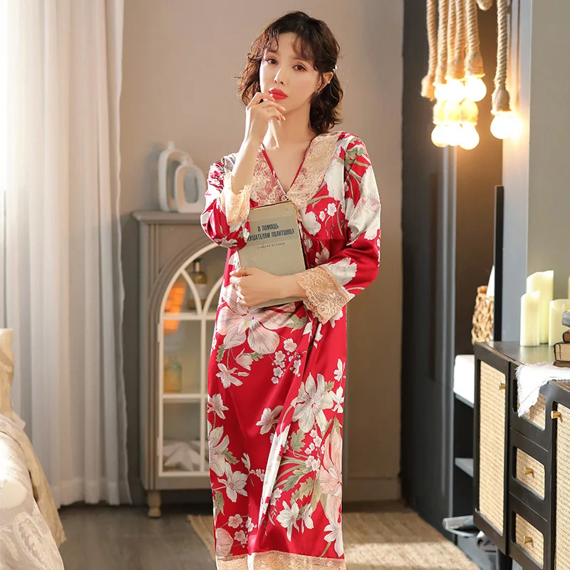 

Classic Style Nightdress Female Sleepwear Silk Satin Nightdress Sweet Lace Nightgown Night Long Sleeve Kimono Printed Sleepdress