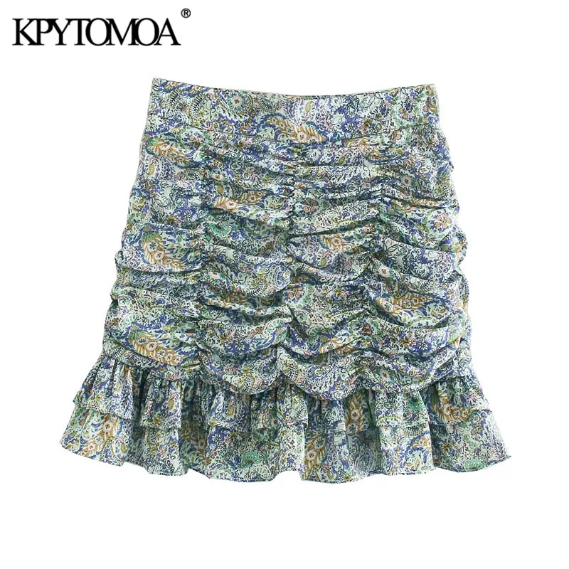 

KPYTOMOA Women Chic Fashion With Ruffled Pleated Printed Mini Skirts Vintage High Waist Back Zipper Female Skirts Mujer
