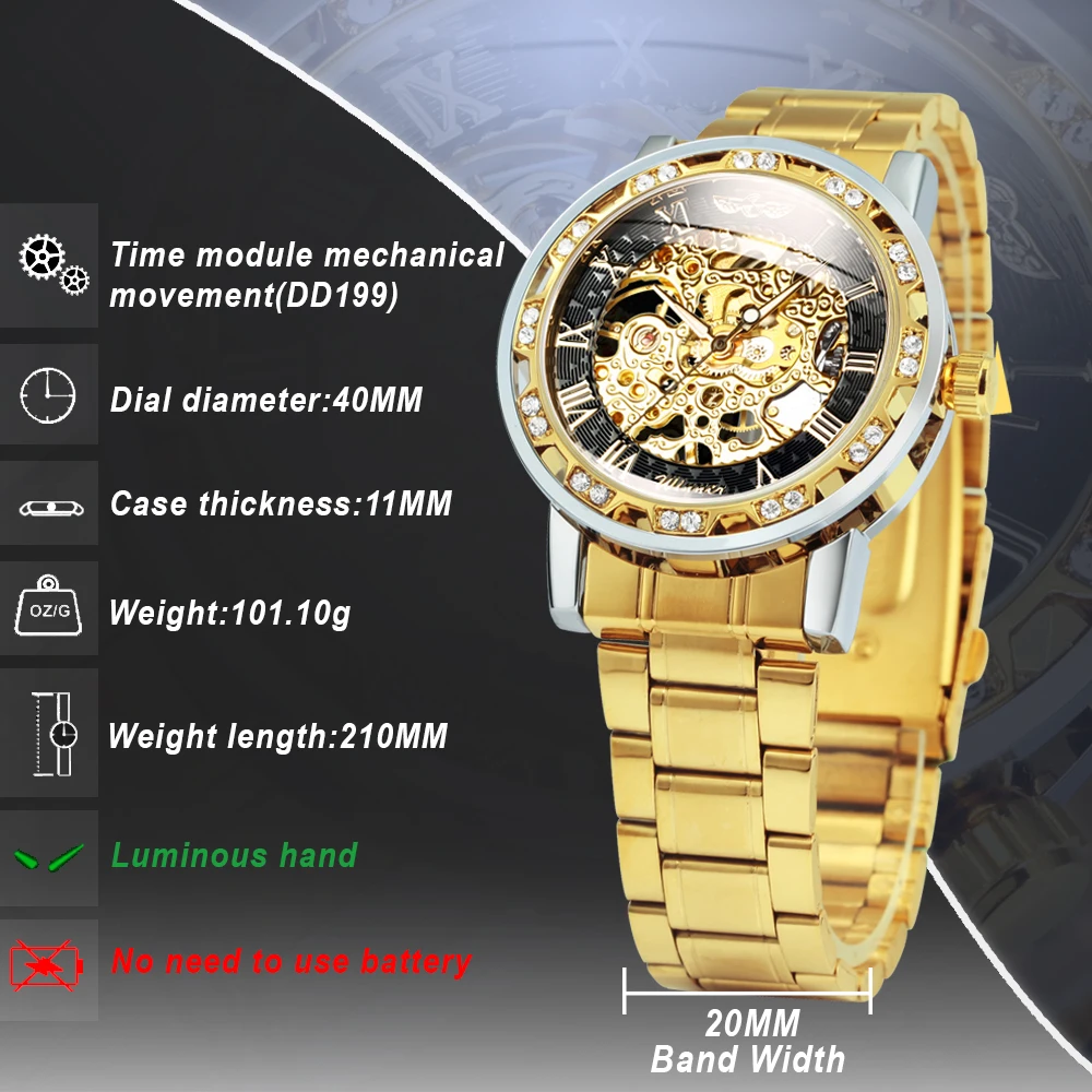 Winner Transparent Diamond Mechanical Watch Blue Stainless Steel Skeleton Mens Watches Top Brand Luxury Business Fashion Style | Наручные