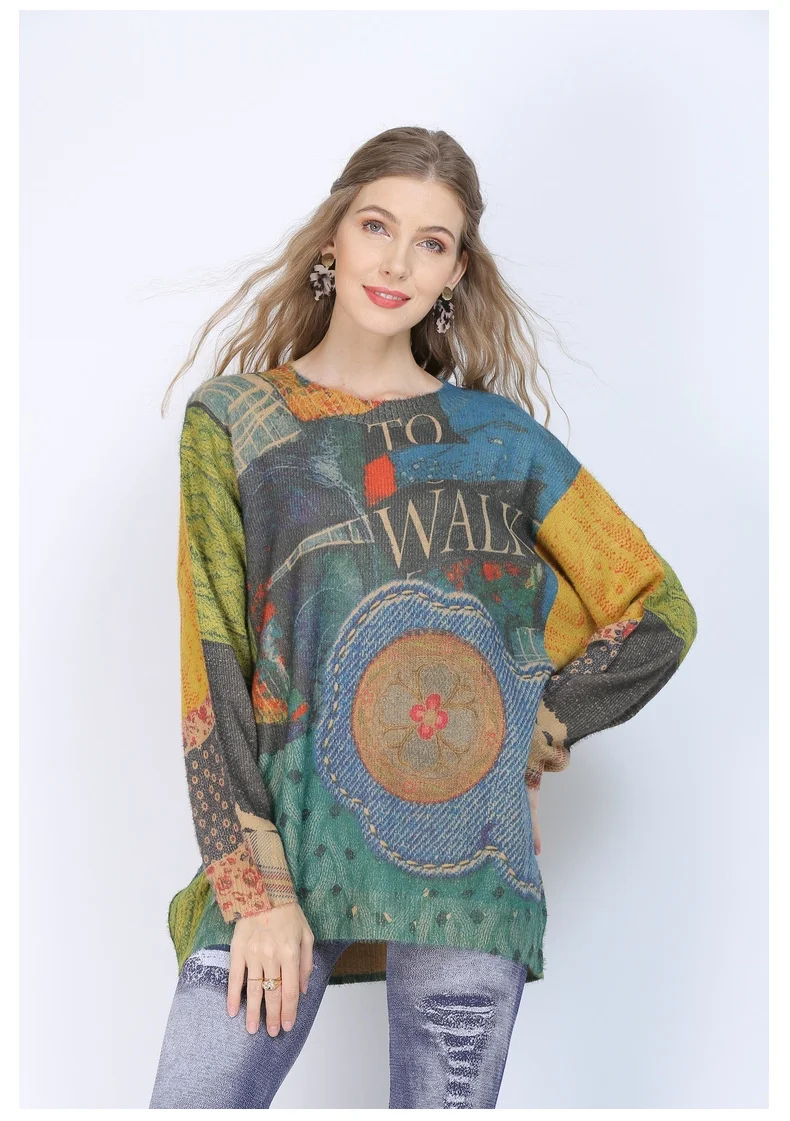 

Vefadisa 2021 Autumn New Green Patchwork Women Sweater Vintage Fashion Print Pullover Coat Plus Size Female Knitted QYF6067
