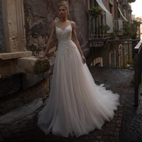 fashion tulle wedding gowns scoop neck sleeveless spagehetti straps applique sequin a line wedding dresses vestido de novia