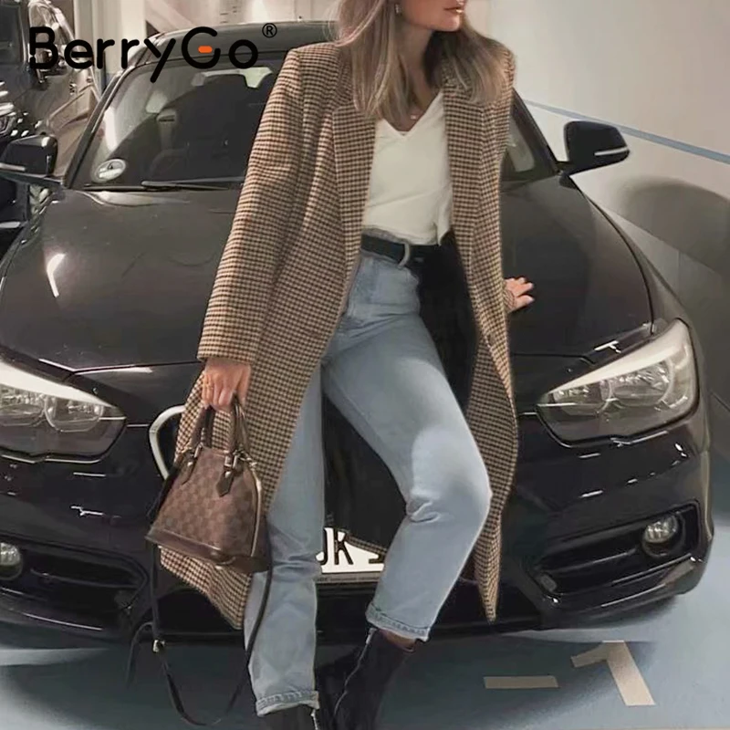 BerryGo твидовое женское длинное пальто с пуговицами и карманами винтажное