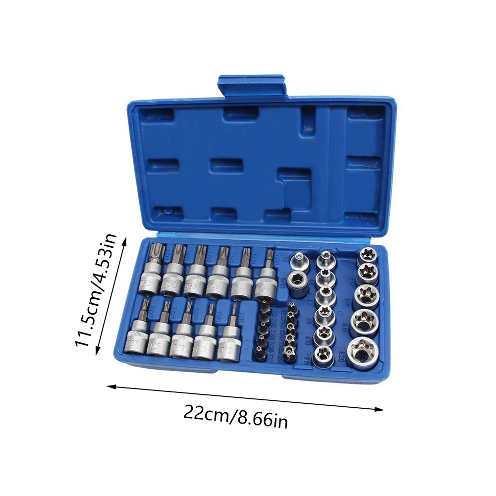 

34PCS Socket Set Chrome Corrosion-Resistant Vanadium Steel E-Torx Hex Star Socket Set Insert Nut Kit Bits Drill Holes Tool