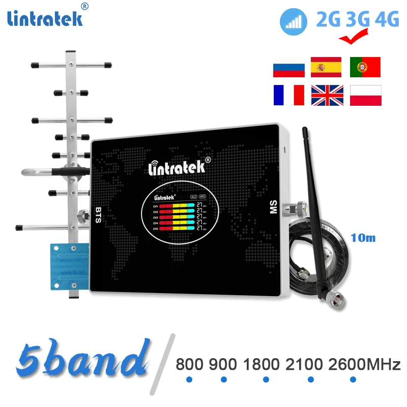 

Lintratek Five Band 4G Cellular Amplifier 4G 800 2G GSM B8 900 Repeater B3 1800 3G WCDMA B1 2100 B7 2600MHz 70db Signal Booster