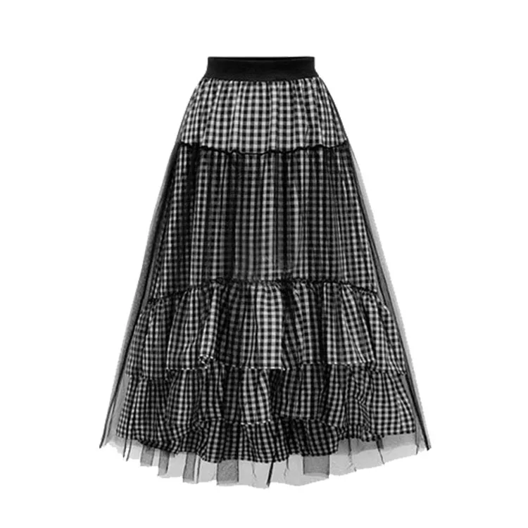 Юбка женская плиссированная длинная в клетку черная сетчатая школьная