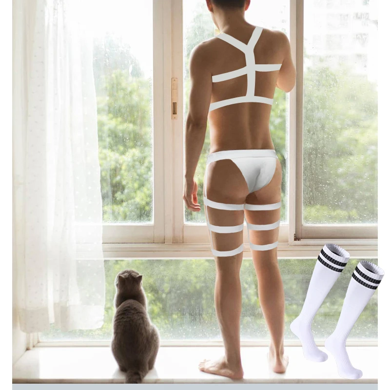 w brief harness sock Нижнее белье для мужчин, сексуальные ремни, пояс для ног, трусы, длинные носки, бандаж, нижнее белье, эластичный эротический костюм, набор, фетиш, Hombre, чулки - Цвет: w brief harness sock