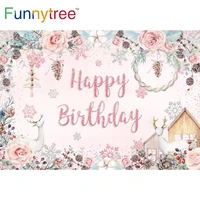 funnytree happy birthday party pink backdrop winter girl baby shower wreath leaves animals photophone snowflake dots background