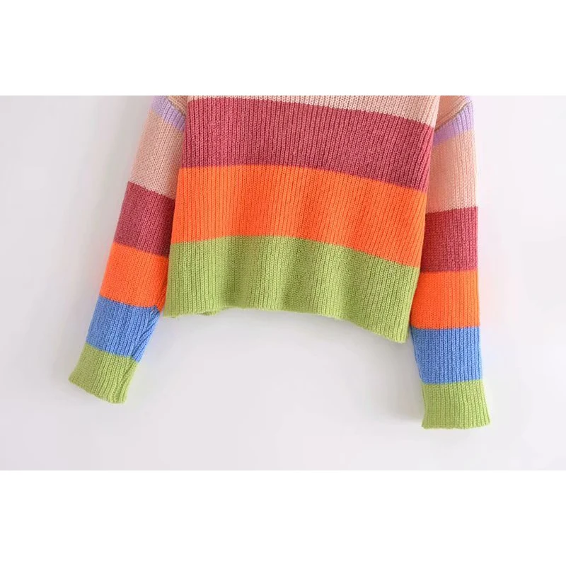 

YENKYE Sweet Women Vintage Multicolor Striped Knit Cardigan Female Long Sleeve V Neck Crop Outerwear Autumn Sweater Tops
