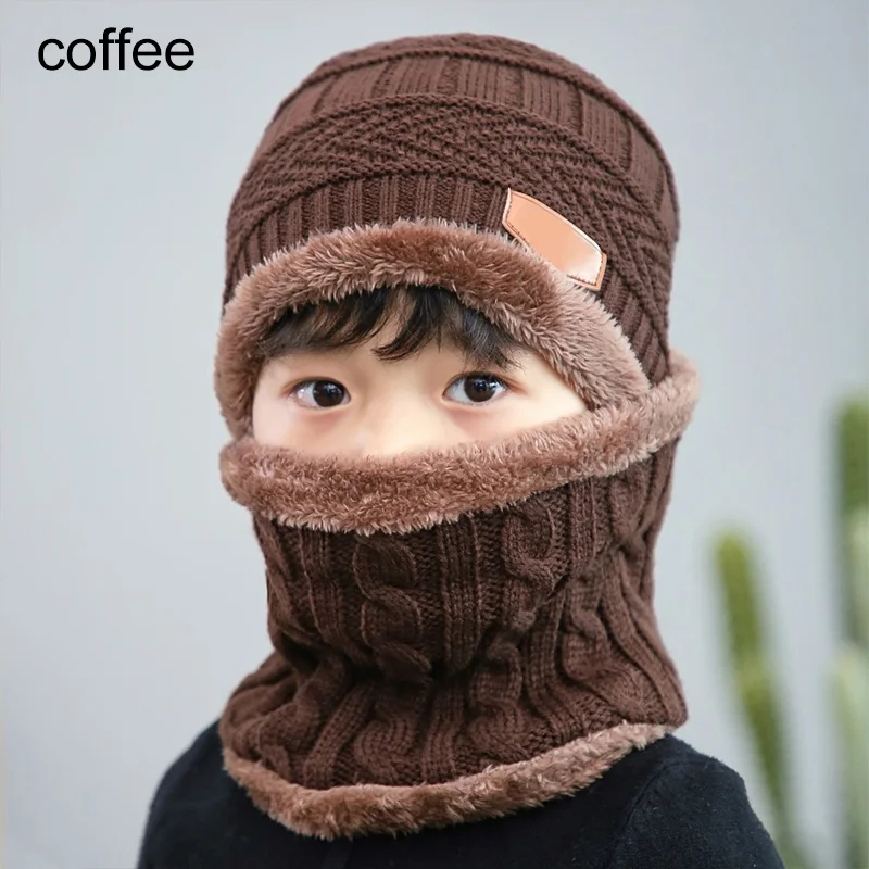 

2021 Kids Beanies Keep Warm Plush Knitted Ribbed Children Winter Supplies Hat Scarf Set Girl Boys Ring Scarves For Boys Girls