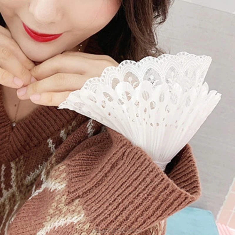 

Womens Pleated Ruffles Horn Cuffs Hollow Out Embroidery Floral Lace Fake Sleeves Double Layer Sweater Wristband D02 12 Dropship