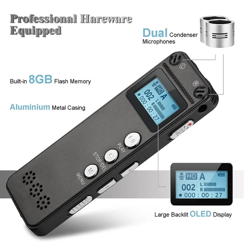 8GB Мини цифровой Аудио Диктофон MP3 плеер записывающая ручка перезаряжаемая