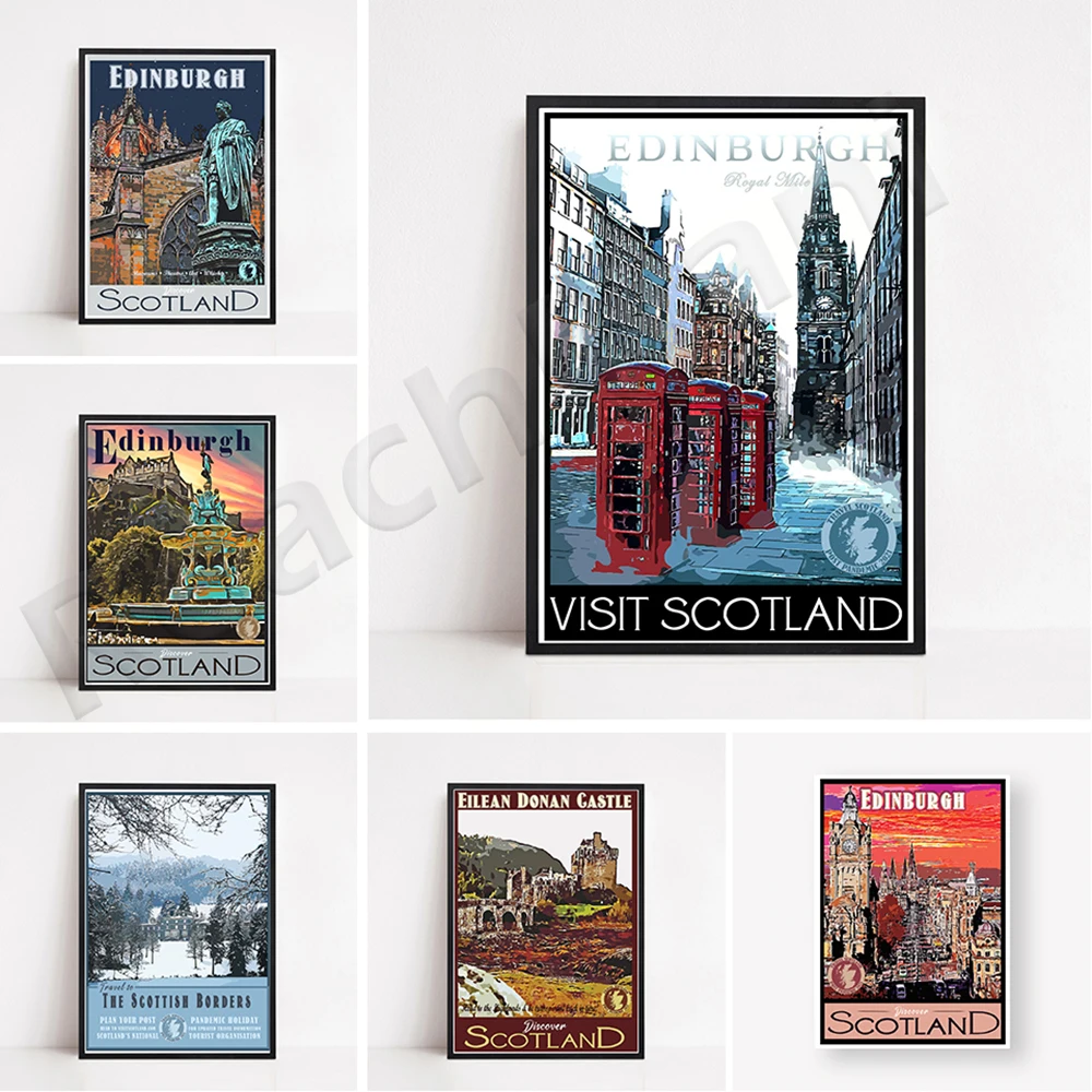 

Постеры для путешествий в виде пандемии Шотландии, изображения св. Галлеса на соборе Эдинбургской королевской миле-винтажный стильный наст...