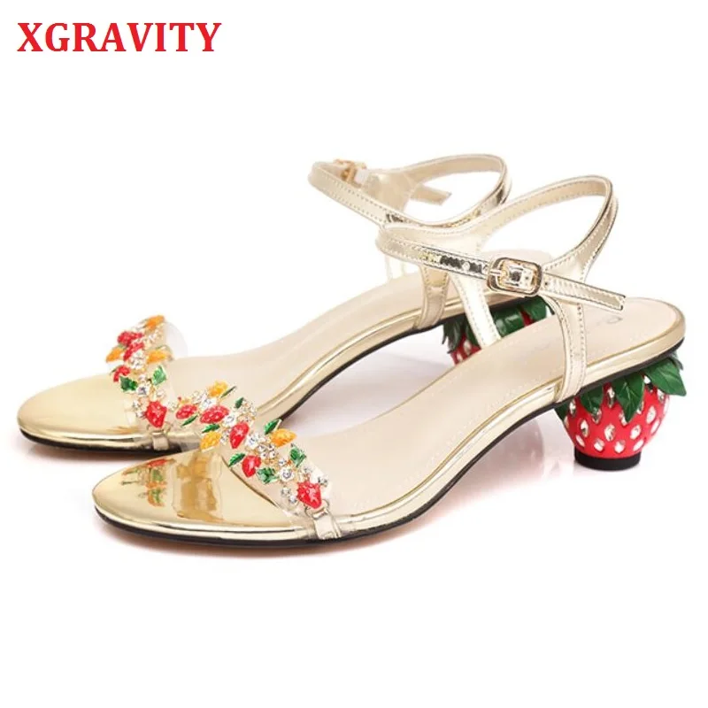 

XGRAVITY New Summer Strange Strawberry Heel Rhinestone Ladies Fashion Sandals Sexy Chunky Heel Princess Wedding Shoes Girl B115
