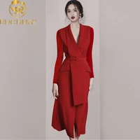 runway women red dresses spring vintage long sleeve belt slim blazer dress ladies sexy v neck elegant office party long dress