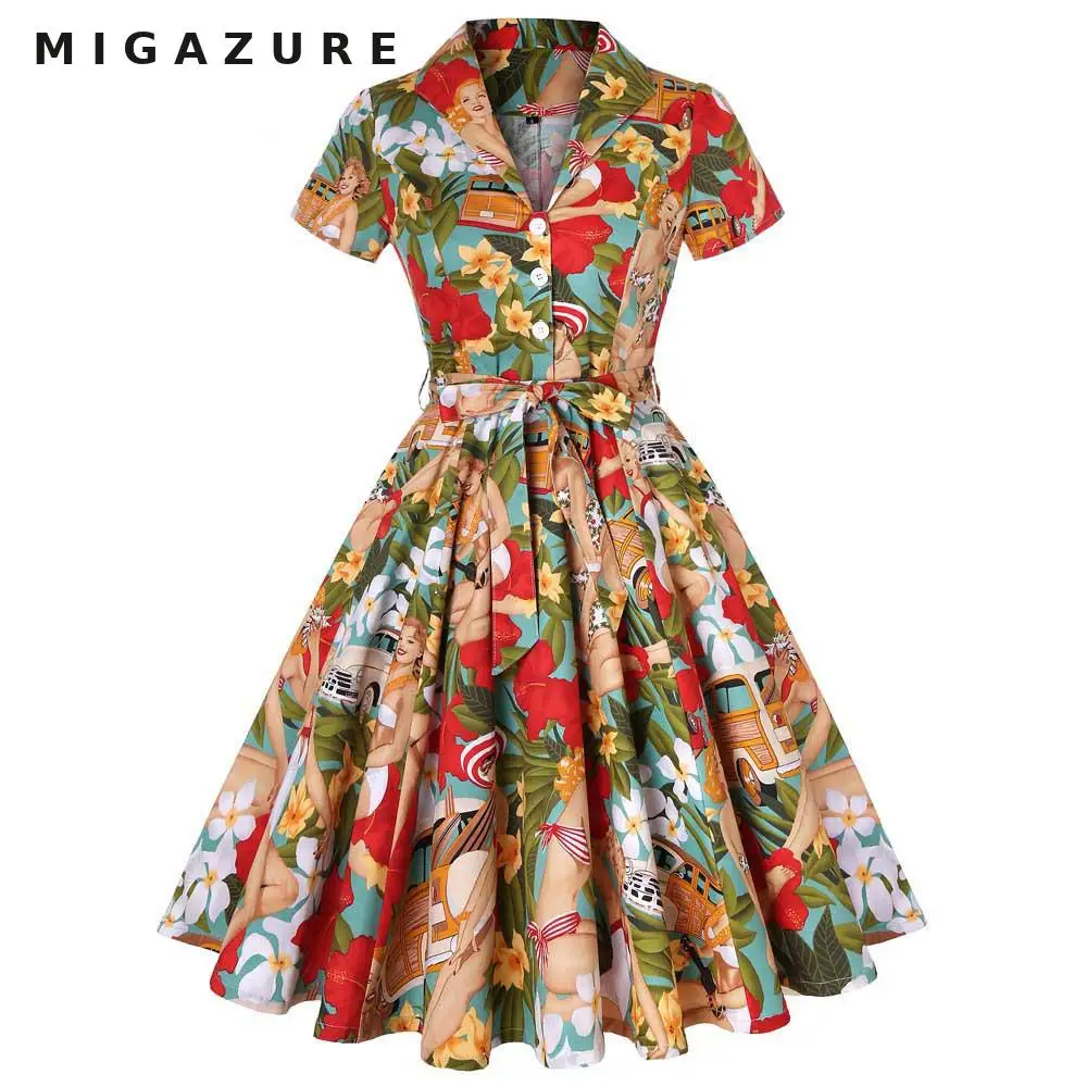 

MIGAZURE Women Vintage Style 50'S 60'S Swing Pinup Retro Floral Housewife Christmas Party Ball Fashion Flower Prints Shirt Dress