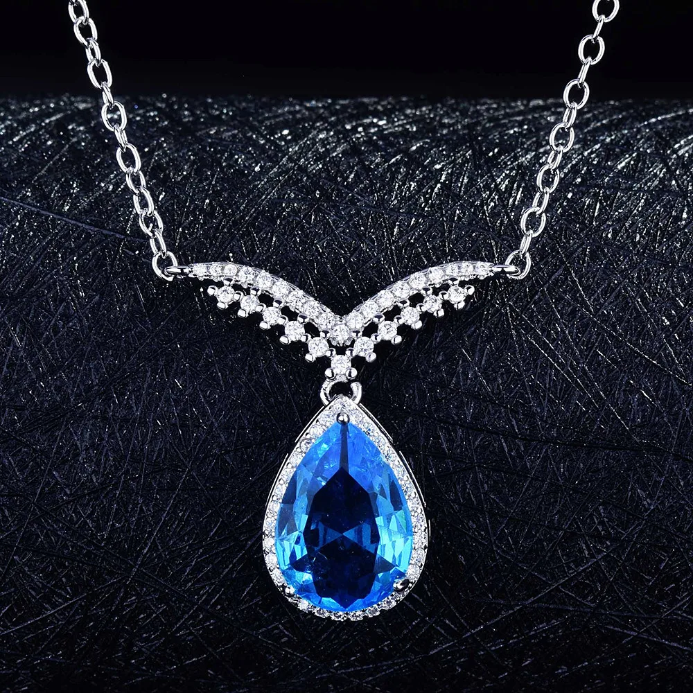 

Water Drop &Wings Blue Crystal Topaz Gemstones Diamond Pendant Necklaces for Women White Gold Filled Party Precious Jewelry Gift