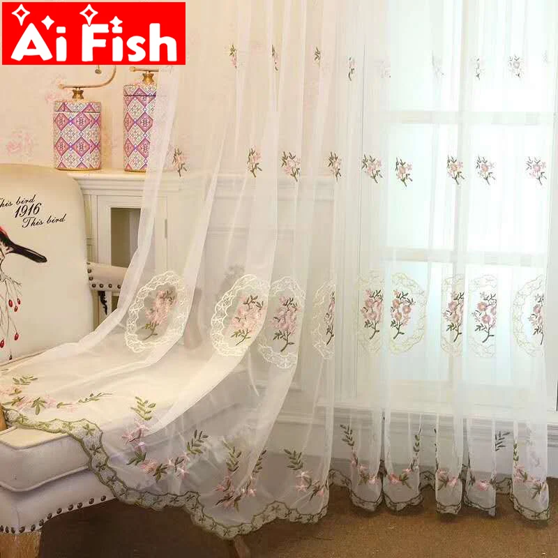 

Korean Style Pink Embroidered Lace Tulle For Bedroom Blue Flower Window Screen Sheer Panels Curtains For Living Room ZSS0032#40