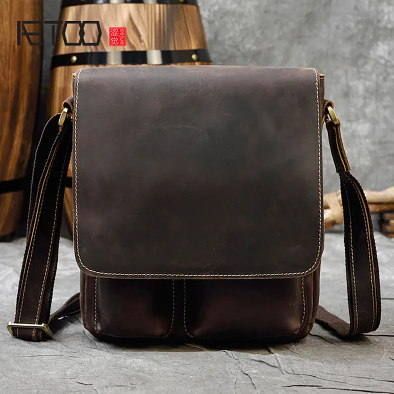 AETOO Genuine leather men's bag, crazy horse leather shoulder bag, first layer leather crossbody bag