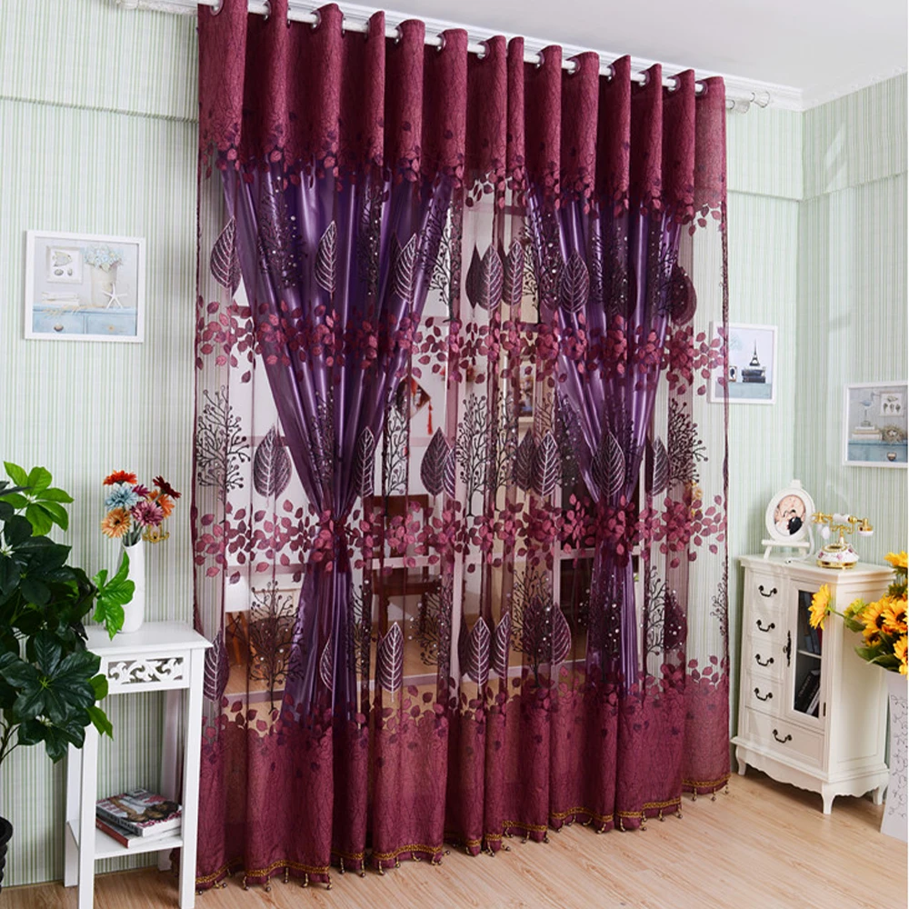 

Semi-shading curtain, jacquard leaf pattern hook top translucent curtain, used for home bedroom living room decoration