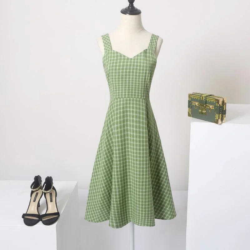 

2021 New Summer Plaid Spaghetti Strap Dress Women Vintage V Neck Sundress Female Elegant Sleeveless Tank Dresses Vestidos L150