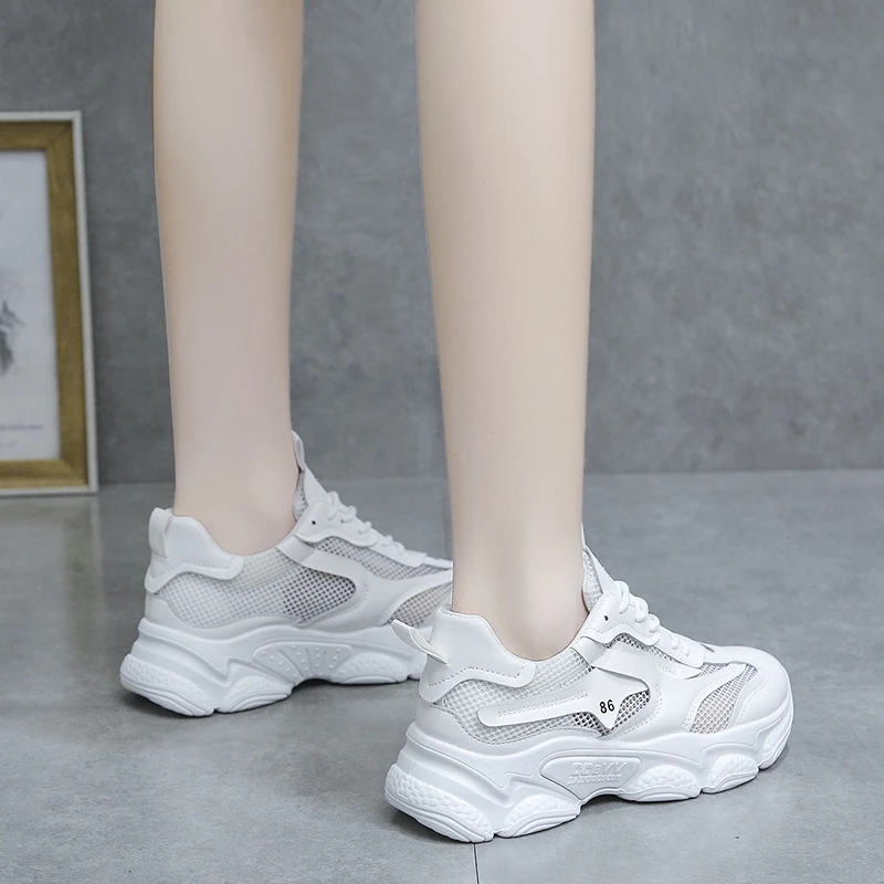 

Comfy Breathable Mesh Trainers Chunky Heels 5cm Women's Platform Sneakers Women Shoes Casual Female White Mesh Shoes For Woman