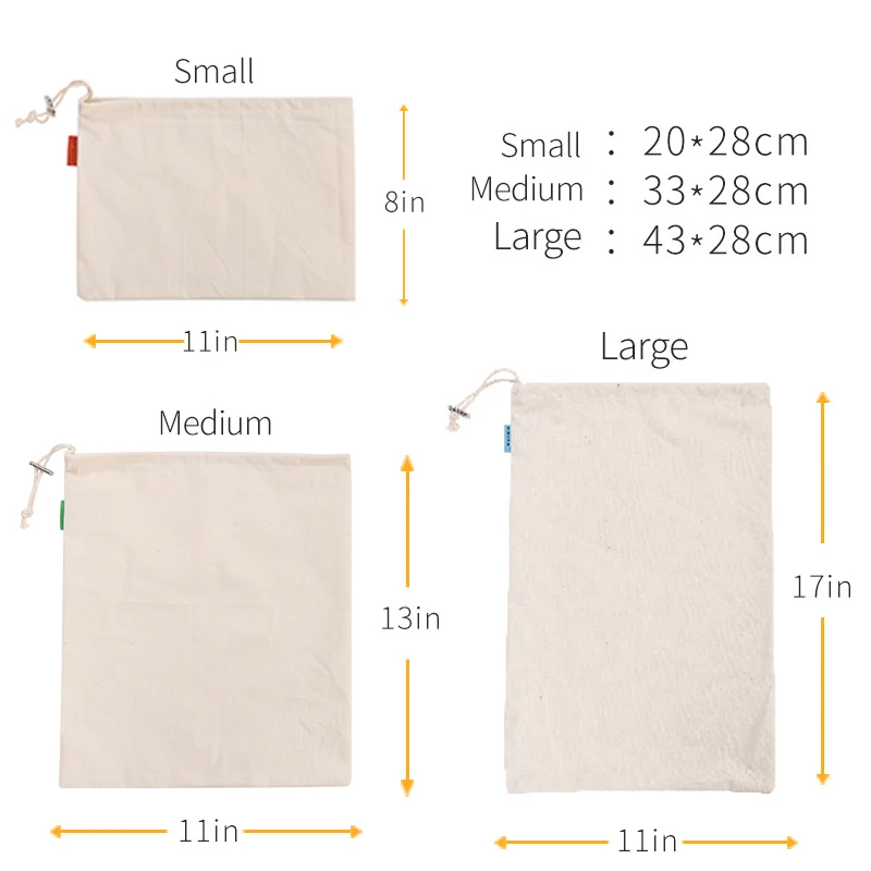 Многоразовые хлопковые продуктовые сумки на шнурке для овощей фруктов риса