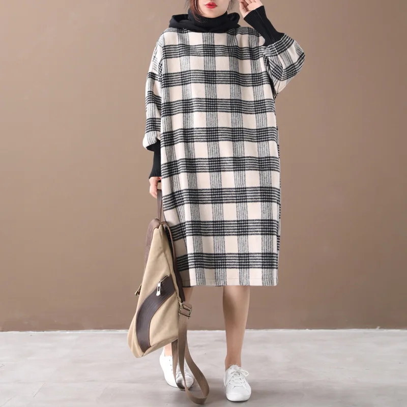 Max LuLu Winter Luxury Korean Ladies Plaid Streetwear Women Vintage Long Hooded Dresses Casual Turtleneck Clothes Plus Size