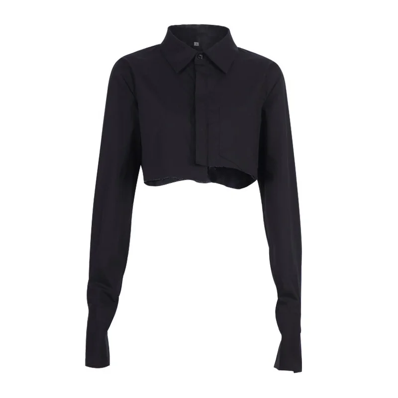 

White 2021 New Spring and Autumn Sexy Crop Top Long-sleeved Women's Blouse Cotton Solid Color Top Women Asymmetrical Hem Casual