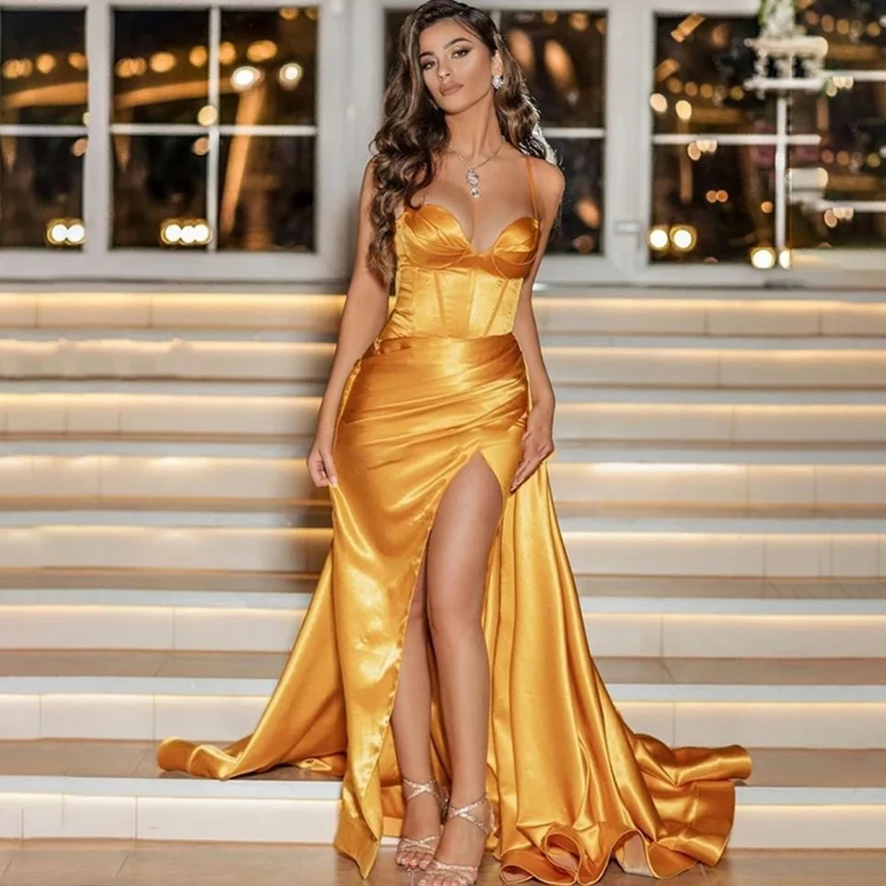 

Sexy High Slit Gold Prom Dress For Woman African Floor Length Formal Evening Gown Spaghetti Straps Zipper Back Robe De Soriee