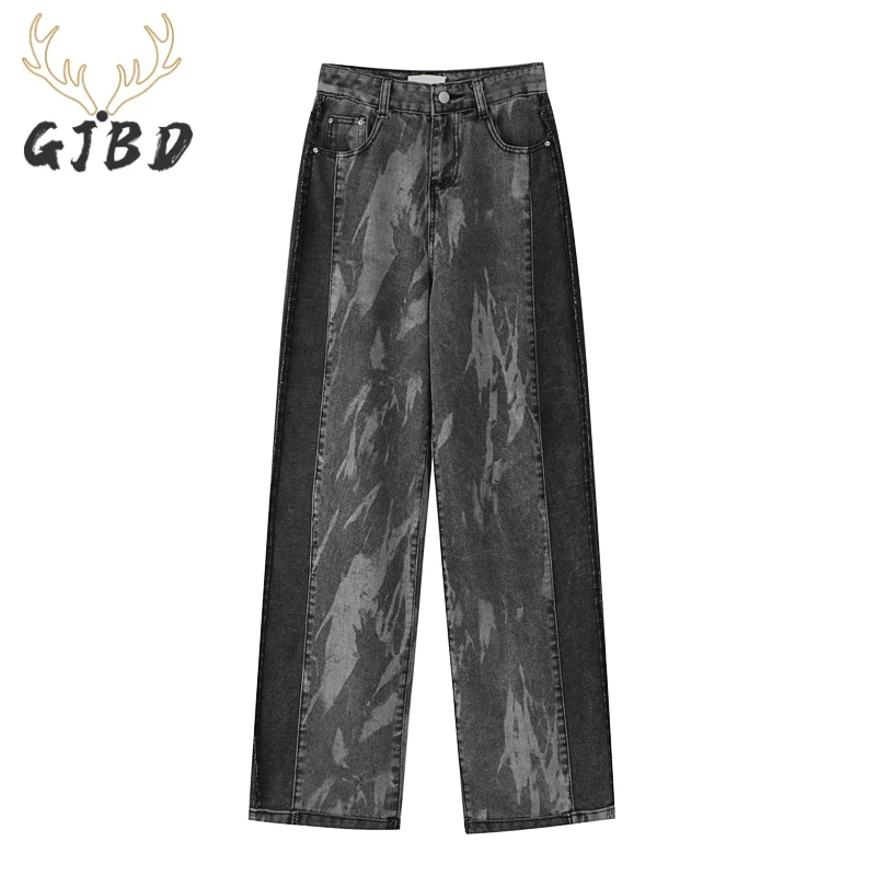 

Streetwear HIP HOP Women's Jeans 2021 Summer High Waist Baggy Wide Leg Pants Patchwork Fashion Dark Grey Denim Straight Trouser