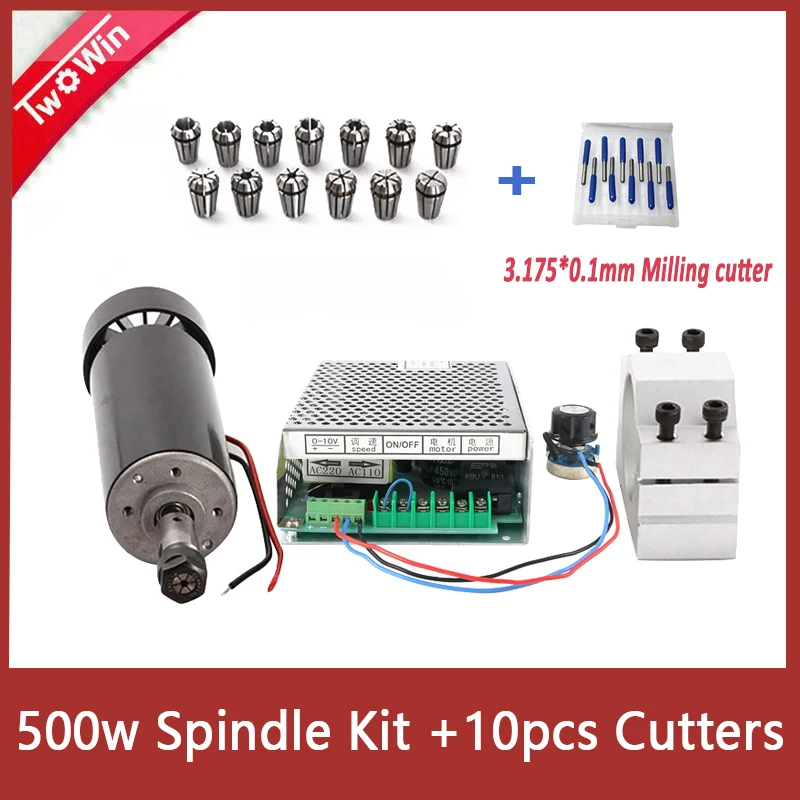 

CNC Spindle 500W Air Cooled 0.5kw Milling Motor Spindle Speed Power Supply 52mm Clamp 13pcs er11 10pcs 3.175*0.1mm Cutters