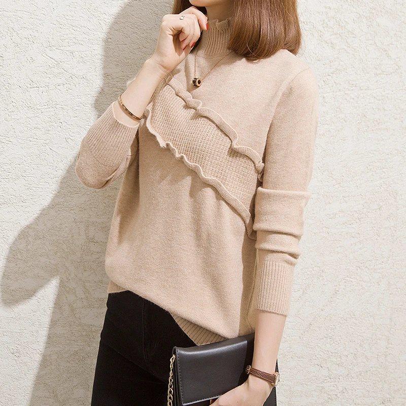 

2021 autumn and winter new sleeve sweater women loose half turtleneck sweater Black