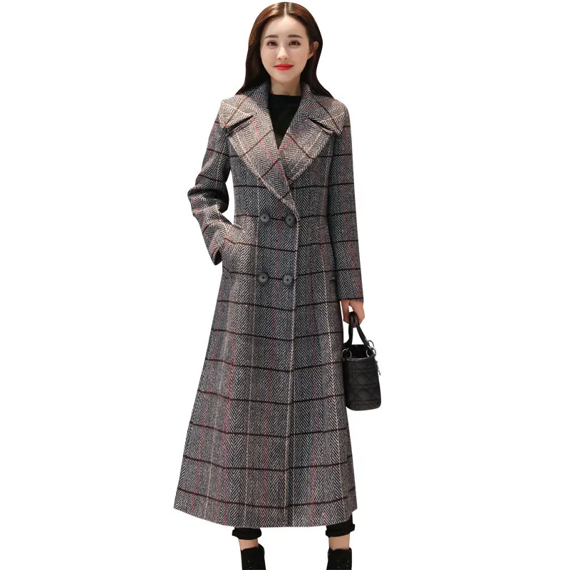Женское шерстяное пальто элегантное двубортное клетчатое из твида зима 2019 |
