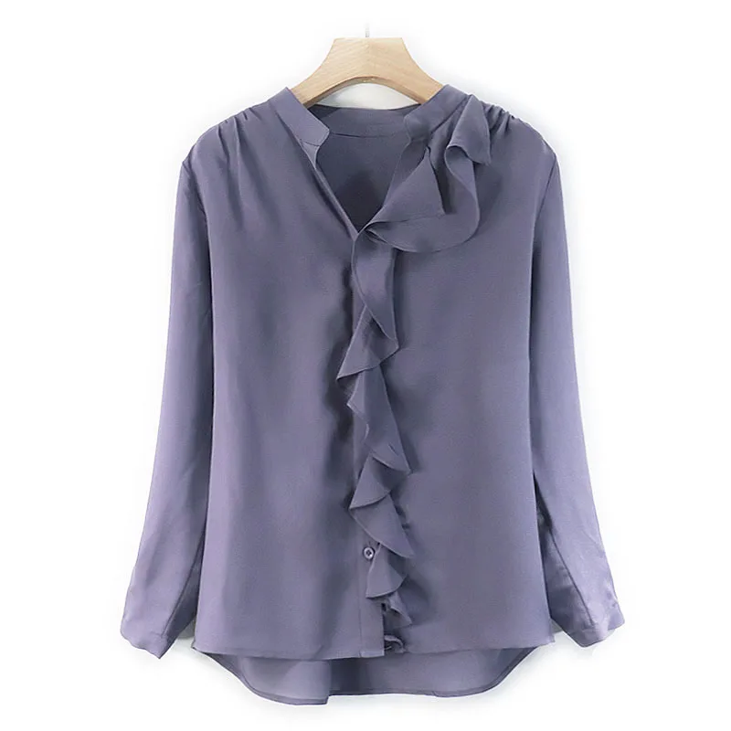 

SHUCHAN Button Up Silk Shirt Blusas Mujer De Moda 2021 Verano Elegantes Ruffles Office Lady O-Neck Chiffon Solid purple