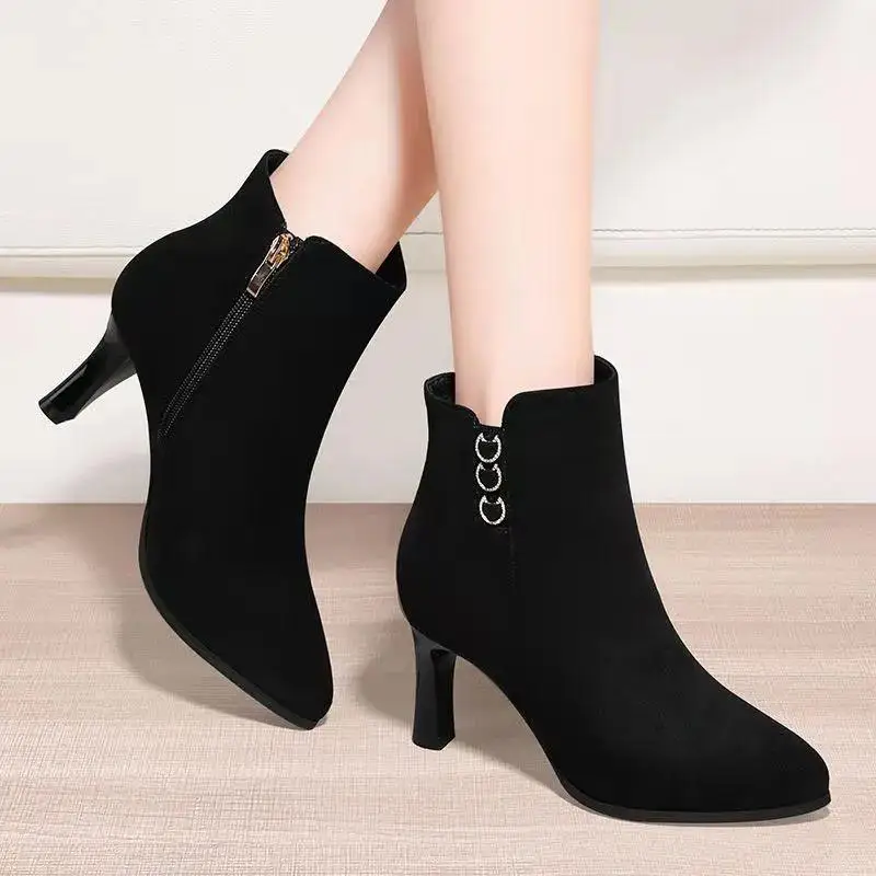 

Классические женские ботильоны Cresfimix из флока с острым носком на шпильках, крутые черные осенне-зимние короткие ботинки, женские ботинки C9235
